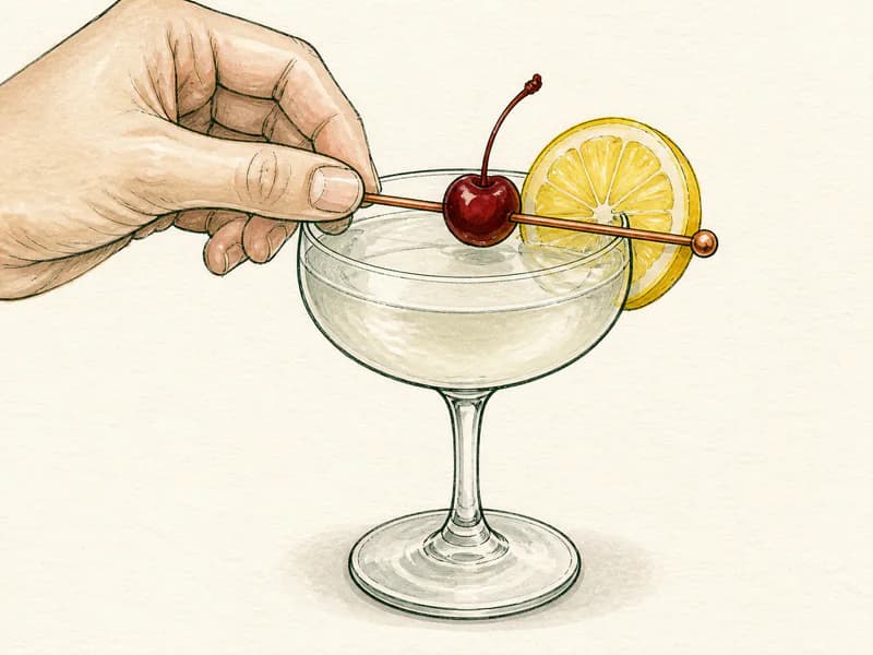 Instructional sketch: Finish the gold drink in the coupe glass without serving ice with Cherry, Lemon Slice.