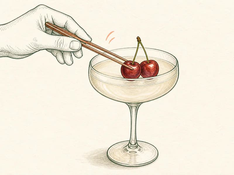 Instructional sketch: Finish the orange drink in the coupe glass without serving ice with Cherry Pair.