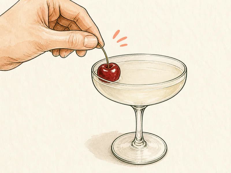 Instructional sketch: Finish the orange drink in the coupe glass without serving ice with Cherry.