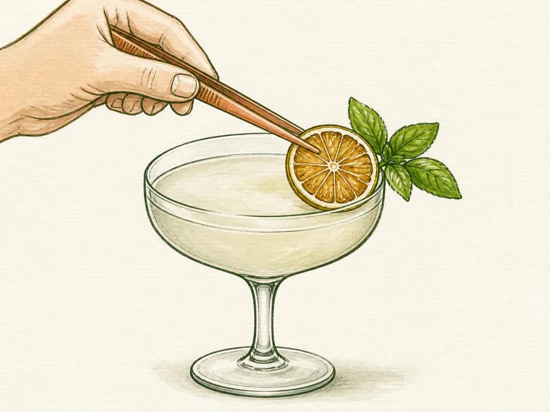 Instructional sketch: Finish the green drink in the coupe glass without serving ice with Dehydrated Wheel.