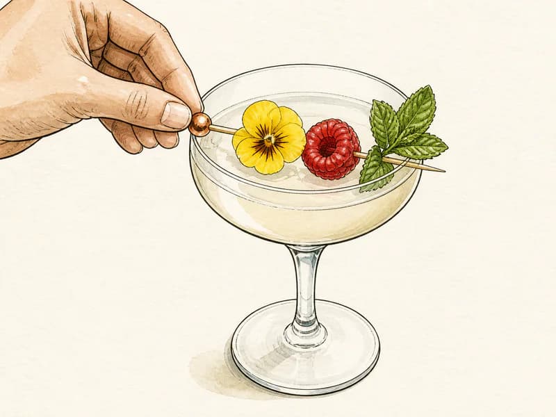 Instructional sketch: Finish the orange drink in the coupe glass without serving ice with Flower Pick.
