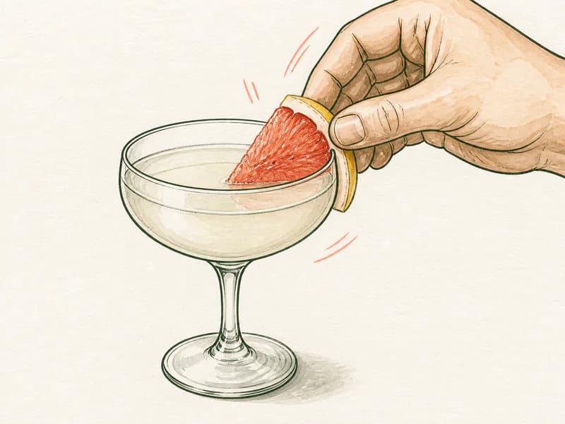 Instructional sketch: Finish the orange drink in the coupe glass without serving ice with Grapefruit Wedge.