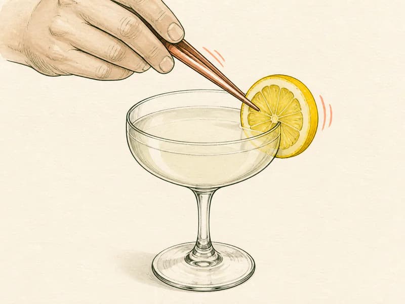 Instructional sketch: Finish the orange drink in the coupe glass without serving ice with Lemon Slice.