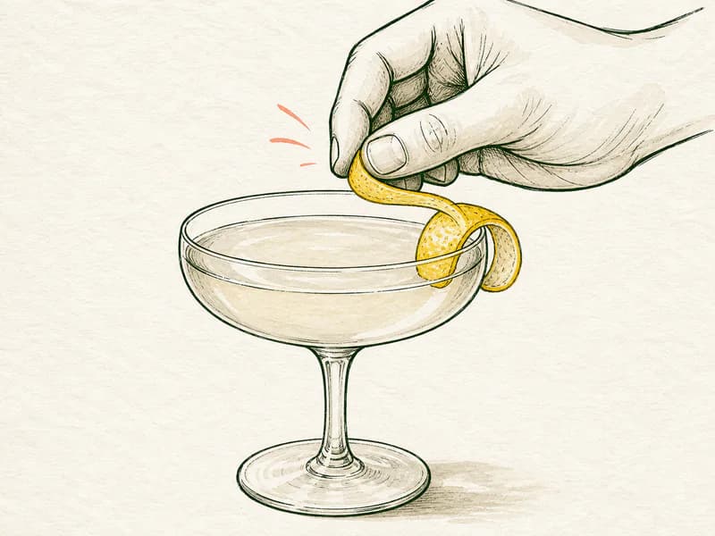 Instructional sketch: Finish the orange drink in the coupe glass without serving ice with Lemon Twist.
