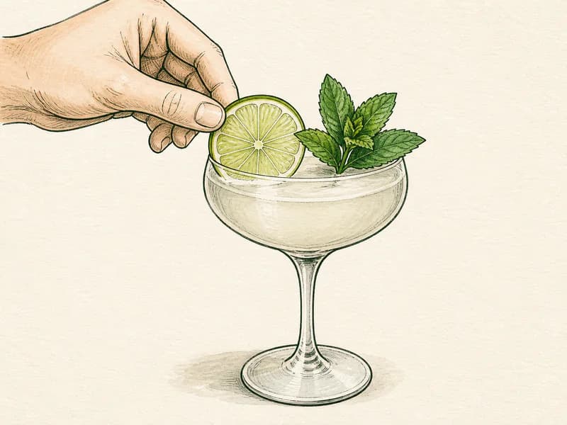 Instructional sketch: Finish the gold drink in the coupe glass without serving ice with Lime Wheel, Mint Sprig.