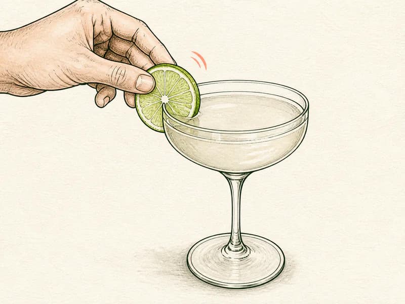 Instructional sketch: Finish the green drink in the coupe glass without serving ice with Lime Wheel.
