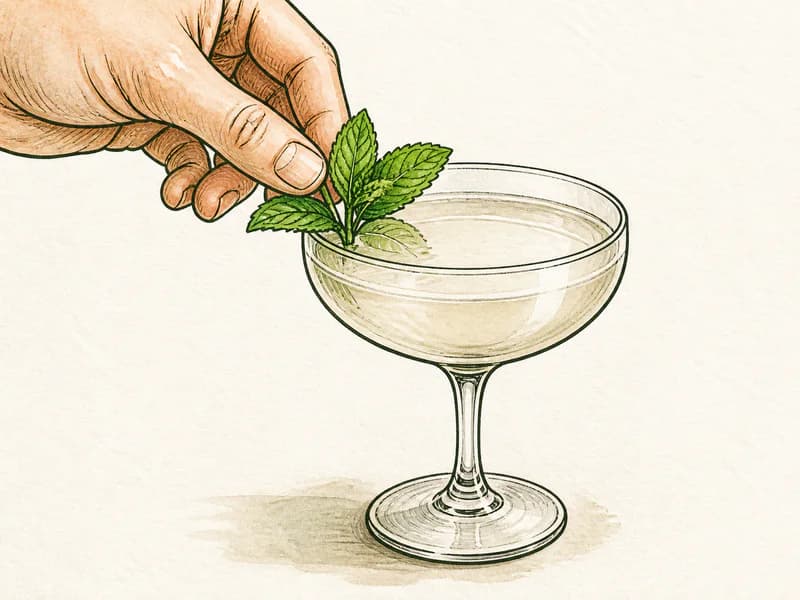 Instructional sketch: Finish the green drink in the coupe glass without serving ice with Mint Sprig.