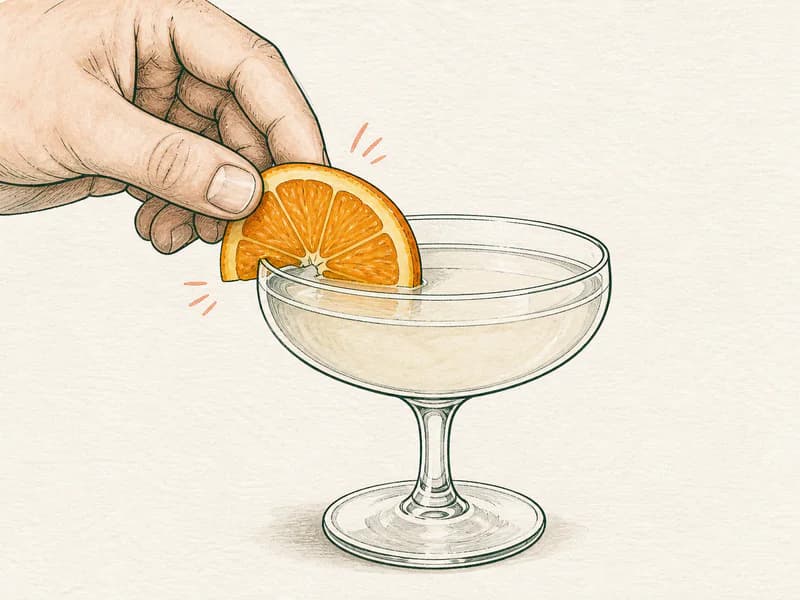 Instructional sketch: Finish the orange drink in the coupe glass without serving ice with Orange Slice.