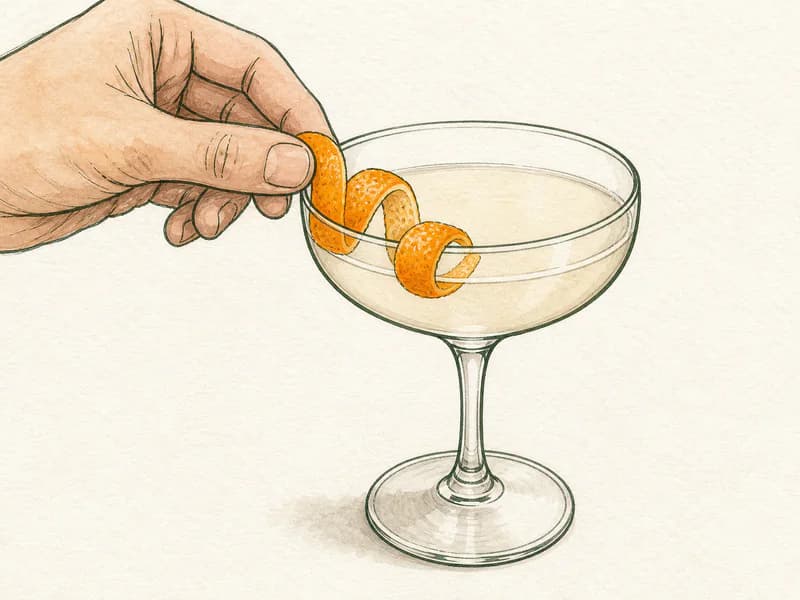 Instructional sketch: Finish the orange drink in the coupe glass without serving ice with Orange Twist.