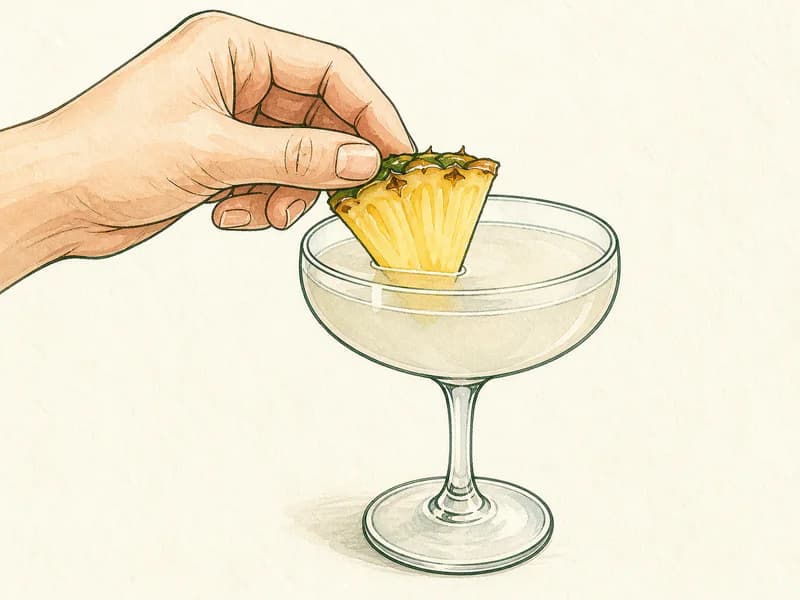 Instructional sketch: Finish the gold drink in the coupe glass without serving ice with Pineapple Wedge.