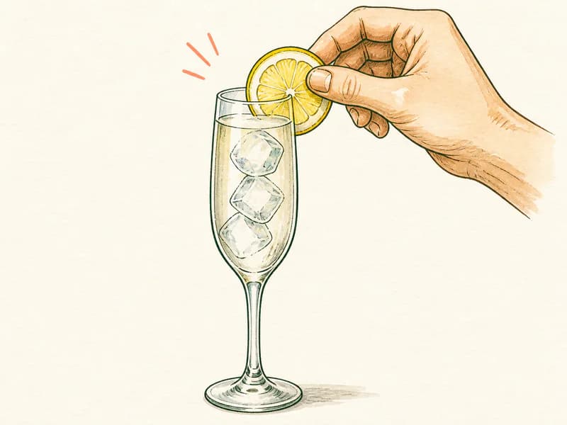 Instructional sketch: Finish the gold drink in the champagne flute with cubed ice with Lemon Slice.