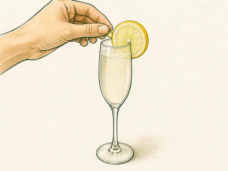 Instructional sketch: Finish the gold drink in the champagne flute without serving ice with Lemon Slice.