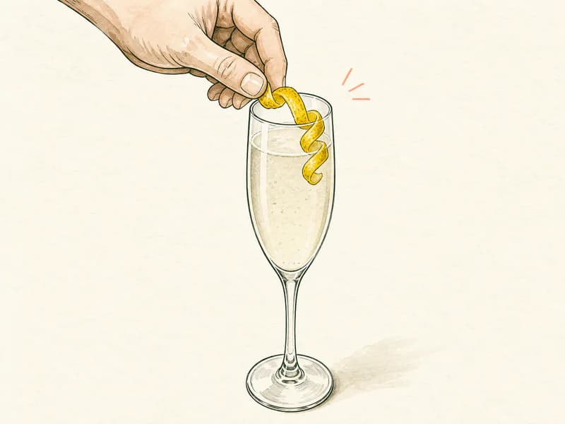 Instructional sketch: Finish the gold drink in the champagne flute without serving ice with Lemon Twist.