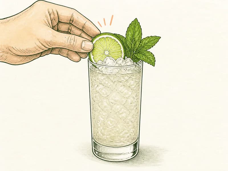 Instructional sketch: Finish the green drink in the highball glass with crushed ice with Lime Wheel, Mint Sprig.