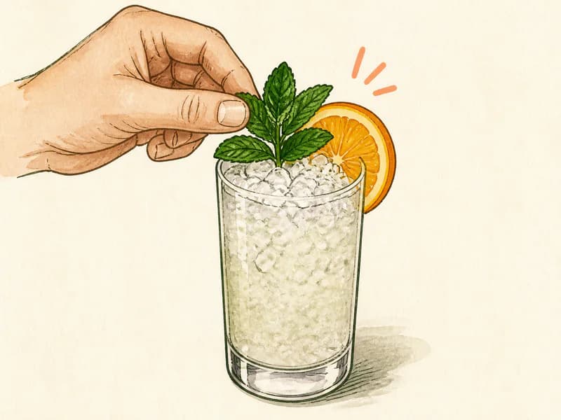 Instructional sketch: Finish the orange drink in the highball glass with crushed ice with Mint Sprig, Orange Slice.