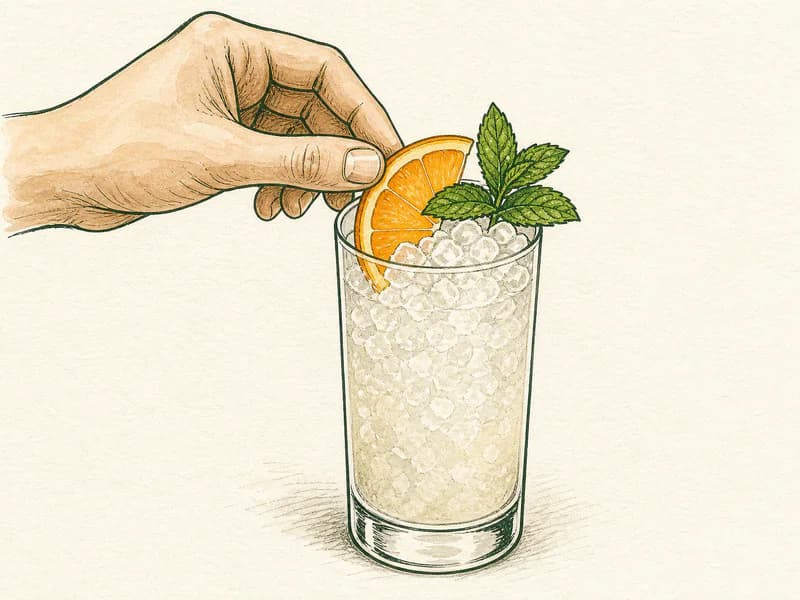 Instructional sketch: Finish the orange drink in the highball glass with crushed ice with Orange Slice.