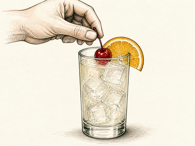 Instructional sketch: Finish the orange drink in the highball glass with cubed ice with Cherry, Orange Slice.