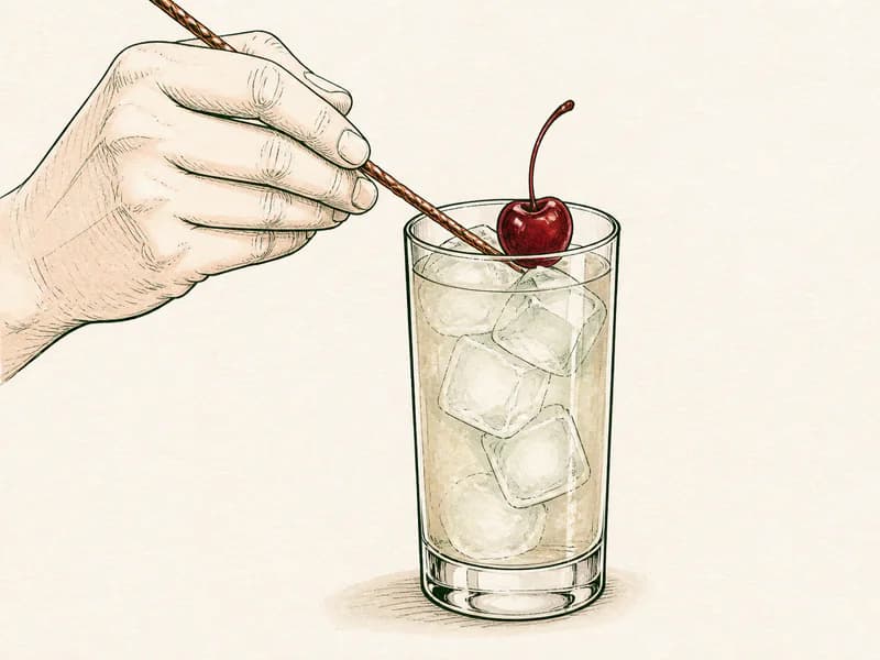 Instructional sketch: Finish the orange drink in the highball glass with cubed ice with Cherry.