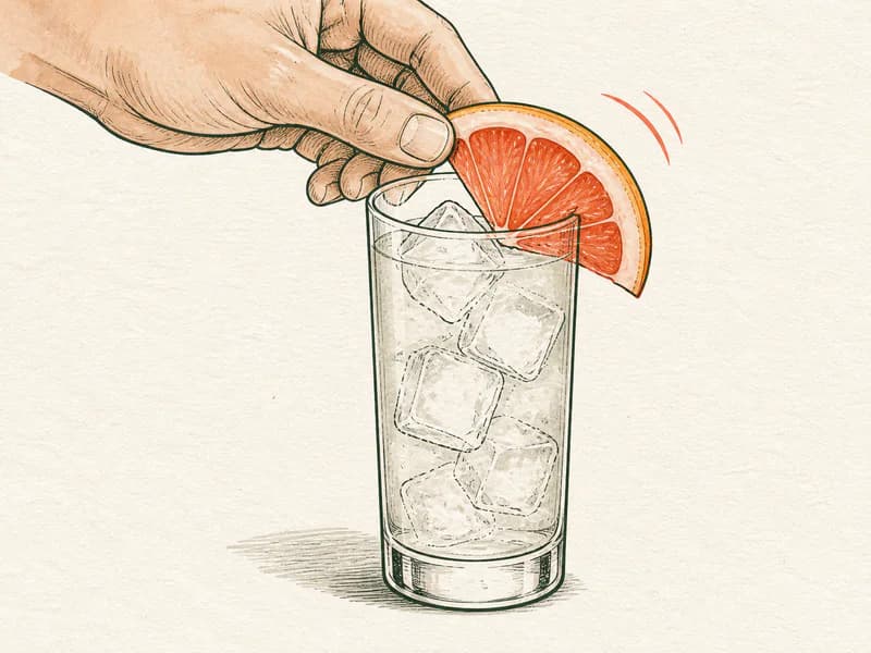 Instructional sketch: Finish the red drink in the highball glass with cubed ice with Grapefruit Wedge.