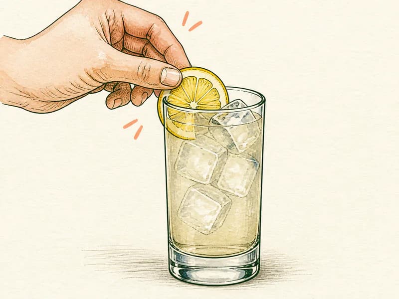 Instructional sketch: Finish the orange drink in the highball glass with cubed ice with Lemon Slice.