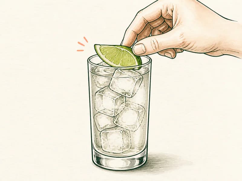 Instructional sketch: Finish the orange drink in the highball glass with cubed ice with Lime Wedge.