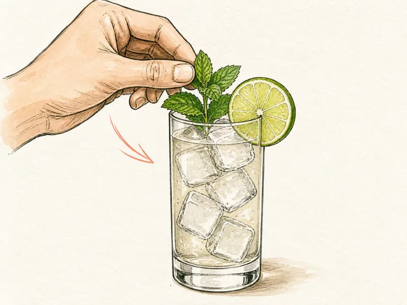 Instructional sketch: Finish the gold drink in the highball glass with cubed ice with Lime Wheel, Mint Sprig.