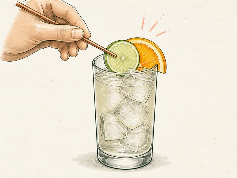 Instructional sketch: Finish the orange drink in the highball glass with cubed ice with Lime Wheel, Orange Slice.