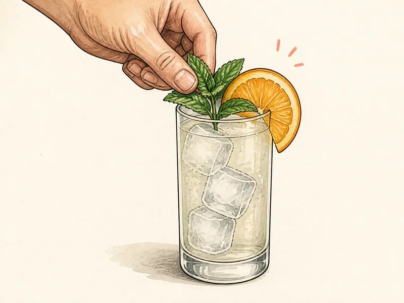 Instructional sketch: Finish the orange drink in the highball glass with cubed ice with Mint Sprig, Orange Slice.