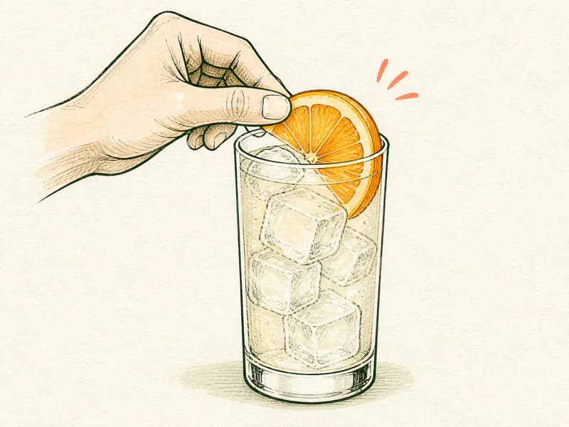 Instructional sketch: Finish the orange drink in the highball glass with cubed ice with Orange Slice.
