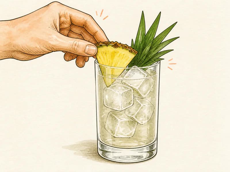 Instructional sketch: Finish the gold drink in the highball glass with cubed ice with Pineapple Wedge.