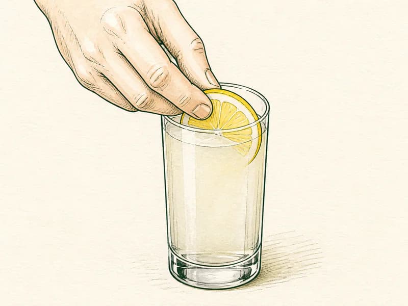 Instructional sketch: Finish the gold drink in the highball glass without serving ice with Lemon Slice.