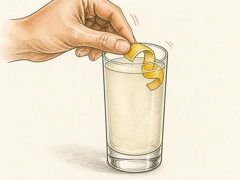 Instructional sketch: Finish the red drink in the highball glass without serving ice with Lemon Twist.