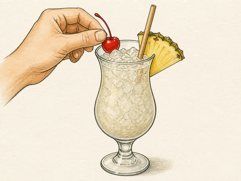 Instructional sketch: Finish the gold drink in the hurricane glass with crushed ice with Cherry, Pineapple Wedge, Straw.