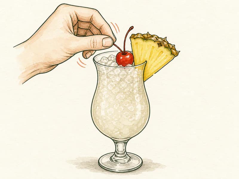 Instructional sketch: Finish the gold drink in the hurricane glass with crushed ice with Cherry, Pineapple Wedge.