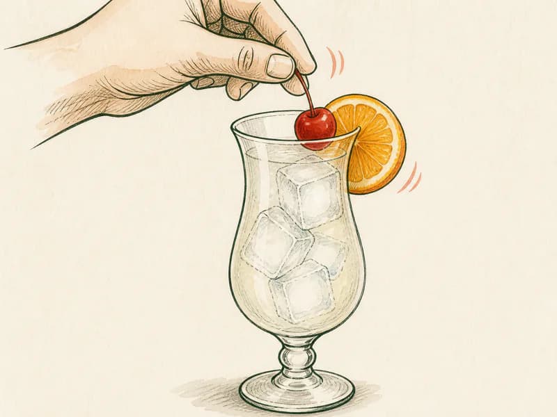 Instructional sketch: Finish the orange drink in the hurricane glass with cubed ice with Cherry, Orange Slice.