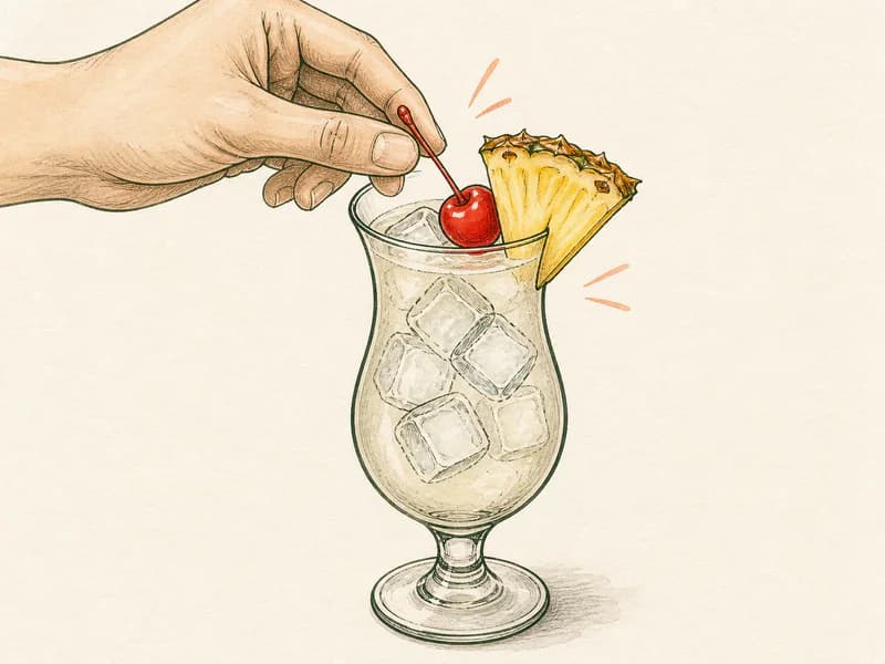 Instructional sketch: Finish the orange drink in the hurricane glass with cubed ice with Cherry, Pineapple Wedge.