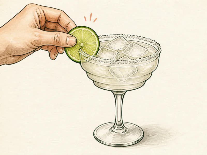 Instructional sketch: Finish the green drink in the margarita glass with cubed ice with Lime Wheel.