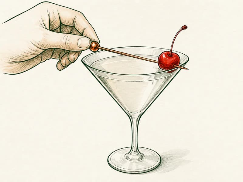 Instructional sketch: Finish the orange drink in the martini glass without serving ice with Cherry.