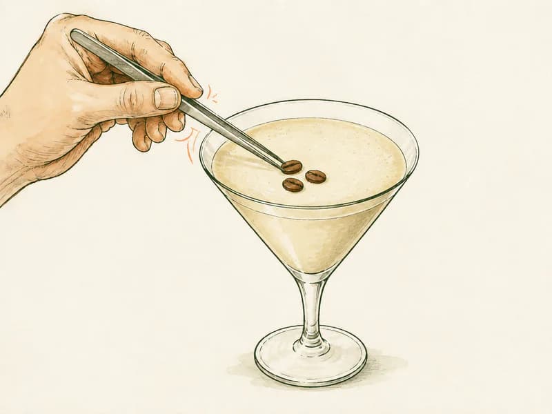Instructional sketch: Finish the orange drink in the martini glass without serving ice with Coffee Beans.