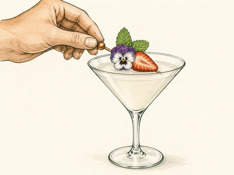 Instructional sketch: Finish the orange drink in the martini glass without serving ice with Flower Pick.