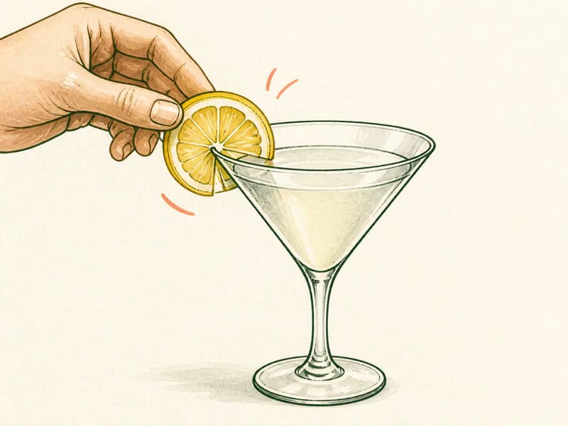Instructional sketch: Finish the clear drink in the martini glass without serving ice with Lemon Slice.