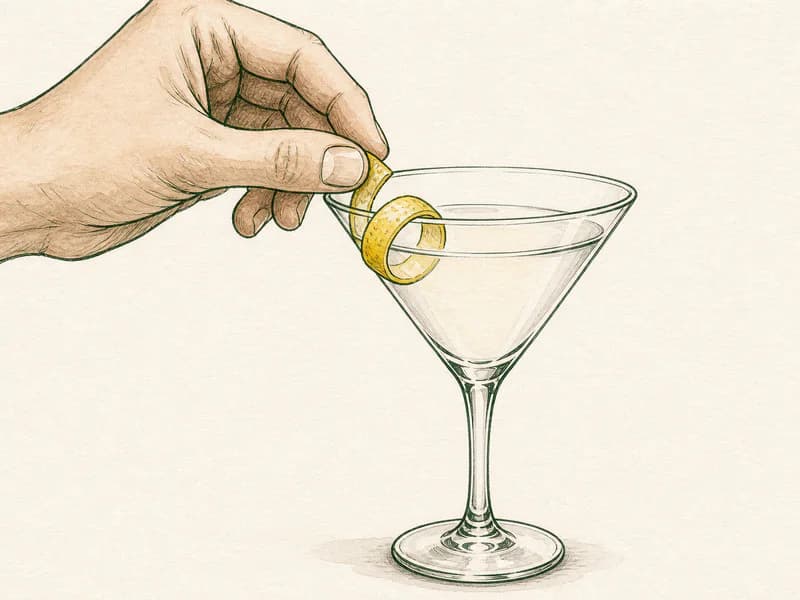 Instructional sketch: Finish the clear drink in the martini glass without serving ice with Lemon Twist.