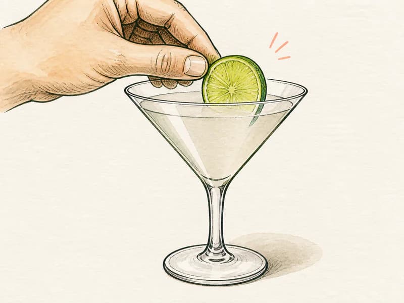 Instructional sketch: Finish the red drink in the martini glass without serving ice with Lime Wheel.