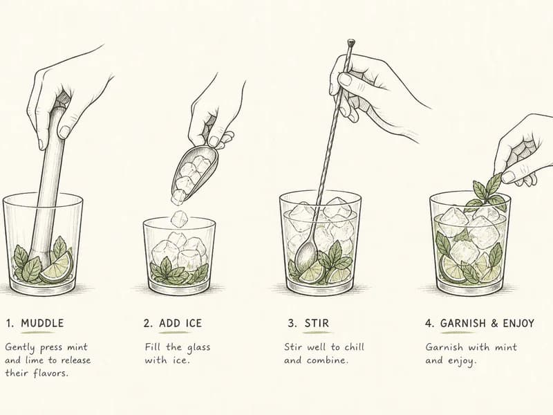Instructional sketch: Finish the orange drink in the rocks glass with one large ice block with Cherry, Orange Slice.