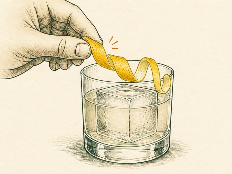 Instructional sketch: Finish the orange drink in the rocks glass with one large ice block with Lemon Twist.