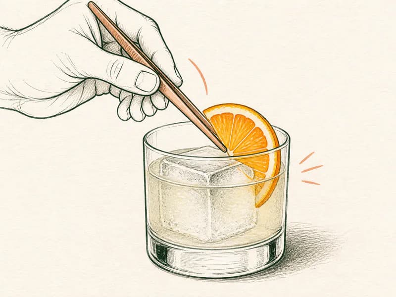 Instructional sketch: Finish the gold drink in the rocks glass with one large ice block with Orange Slice.