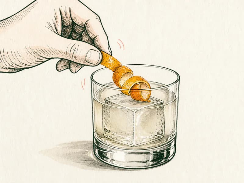Instructional sketch: Finish the orange drink in the rocks glass with one large ice block with Orange Twist.