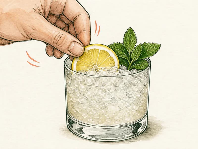 Instructional sketch: Finish the gold drink in the rocks glass with crushed ice with Lemon Slice.