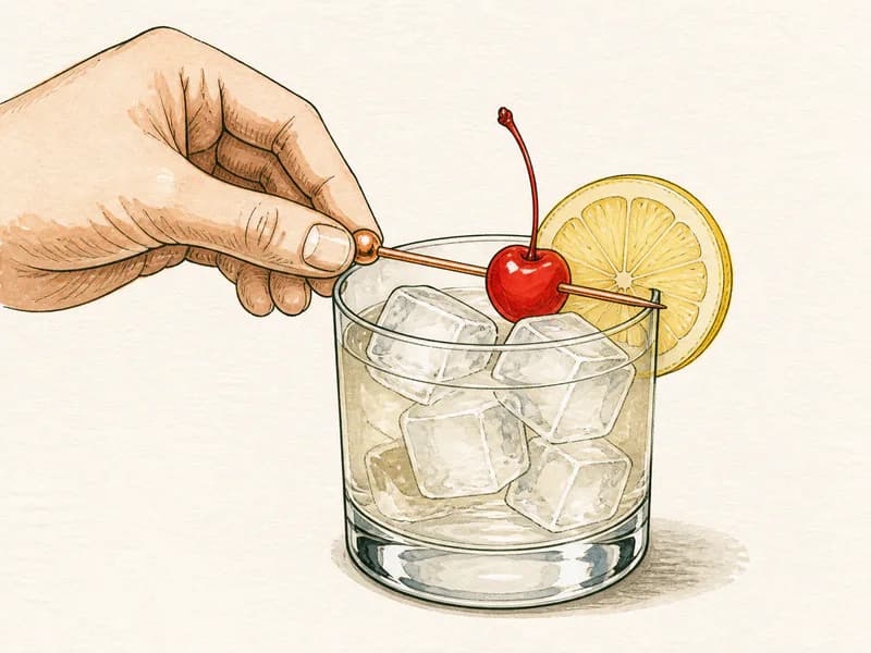 Instructional sketch: Finish the gold drink in the rocks glass with cubed ice with Cherry, Lemon Slice.