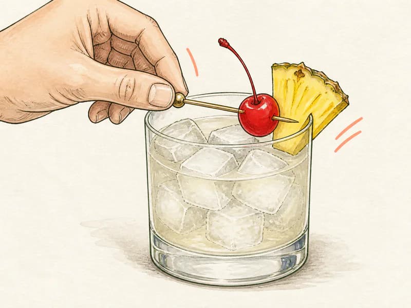 Instructional sketch: Finish the orange drink in the rocks glass with cubed ice with Cherry, Pineapple Wedge.